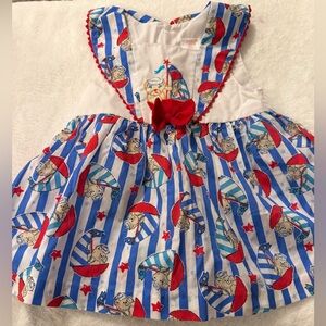 Cute Blue & White Striped Circus Bear Dress with Red Bow